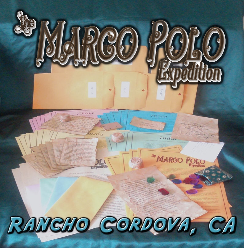 May include: An assortment of aged paper documents, envelopes, and small decorative items. The text "The Marco Polo Expedition" is displayed in a stylized font. The text "Rancho Cordova, CA" is also visible.