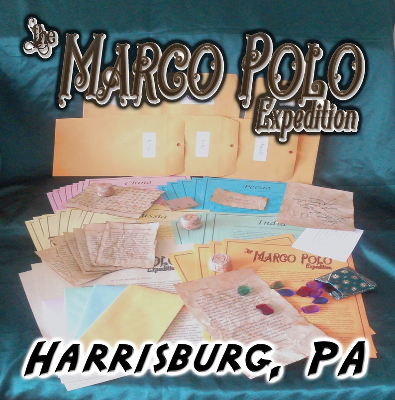 May include: An assortment of aged paper documents, envelopes, and small decorative items. The text "The Marco Polo Expedition" and "Harrisburg, PA" are prominently displayed. Various colors are present, including tan, blue, and yellow.