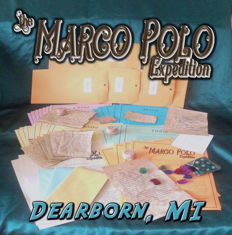 May include: A collection of aged paper documents, envelopes, and small decorative items. The text "The Marco Polo Expedition" is displayed in a stylized font. The word "Dearborn, MI" is also visible.