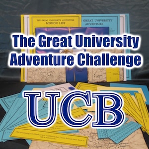 May include: A collection of materials for "The Great University Adventure Challenge." The image features blue, yellow, and white paper elements, including maps, mission lists, and the letters "UCB."