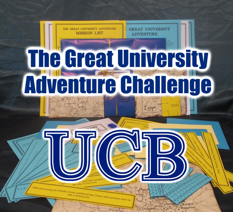 May include: A collection of materials for "The Great University Adventure Challenge." The image features blue, yellow, and white paper elements, including maps, mission lists, and the letters "UCB."
