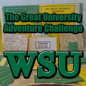 May include: A collection of materials for "The Great University Adventure Challenge" game. Includes mission lists, maps, and an "Answers" envelope. The WSU logo is prominently displayed in green. The overall color scheme is yellow and green.