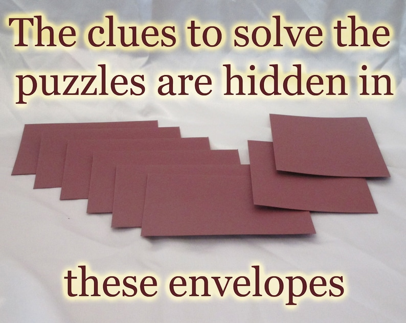 May include: A collection of mauve-colored envelopes arranged on a light background. The text at the top reads "The clues to solve the puzzles are hidden in" and the text at the bottom reads "these envelopes".