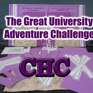 May include: A collection of purple paper documents and game pieces, including maps, cards, and answer sheets. The text "The Great University Adventure Challenge" is prominently displayed in white and purple. The letters "CHC" are also visible.