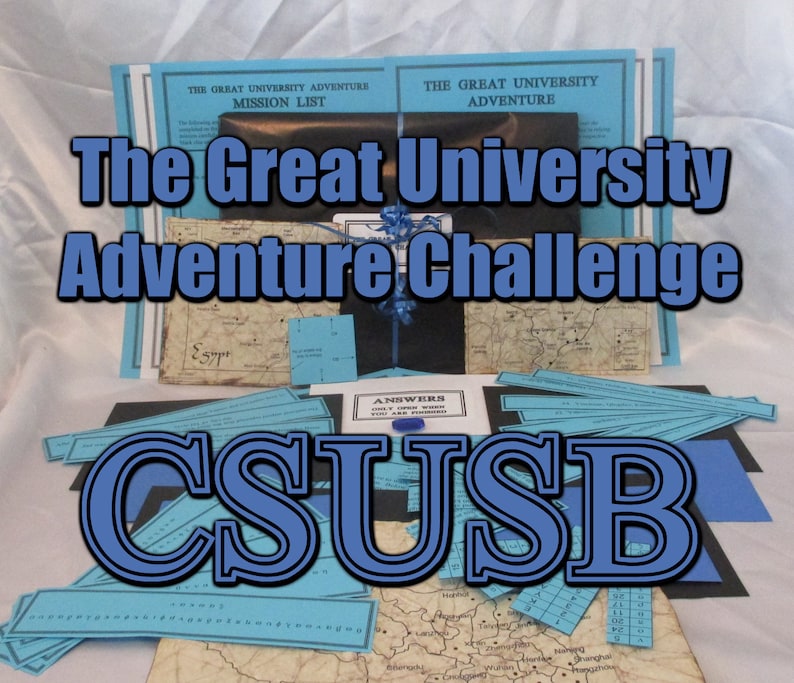 May include: An adventure game in blue and black, featuring the text "The Great University Adventure Challenge" and "CSUSB". The game includes maps, mission lists, and answer sheets, possibly for educational or puzzle-solving purposes.