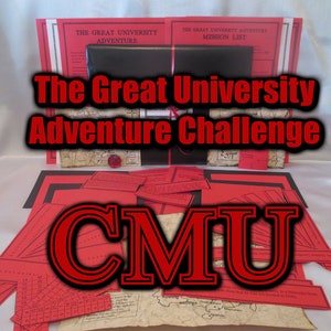 May include: A red and black adventure game kit with the text "The Great University Adventure Challenge" and "CMU". The kit includes red cards, maps, and mission lists, suggesting an educational or puzzle-solving theme.