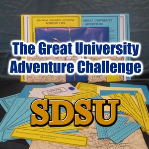 May include: A collection of adventure game materials, including mission lists, answer sheets, and maps. The title "The Great University Adventure Challenge" is prominently displayed. The letters "SDSU" are also visible, suggesting a university-themed game.