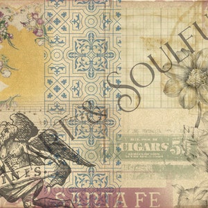 Peut inclure: Un collage de style vintage avec une illustration en noir et blanc d'une figure ail&eacute;e tenant une faux, un motif floral, un motif de tuiles et le texte "Soulful" et "Santa Fe".