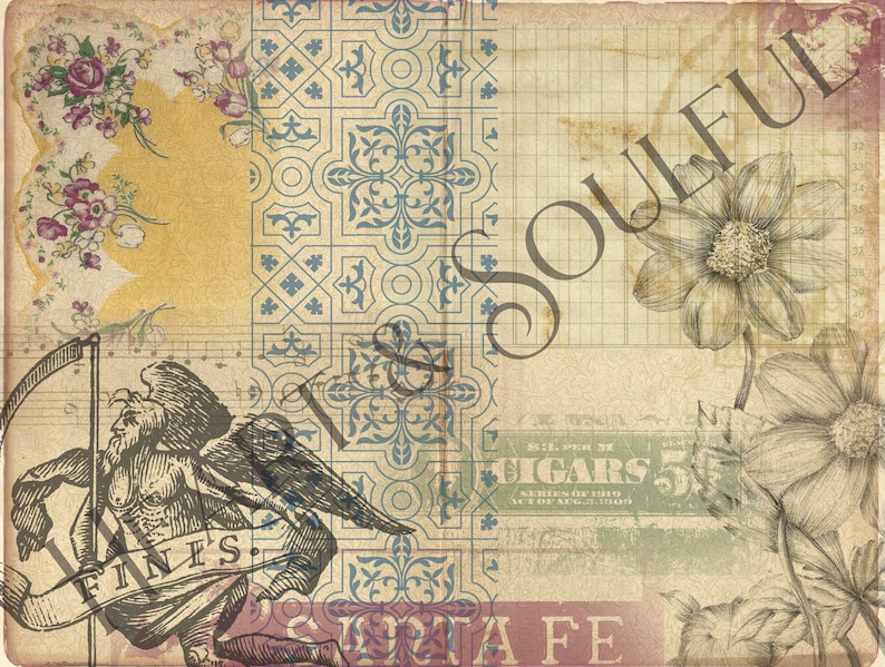Peut inclure: Un collage de style vintage avec une illustration en noir et blanc d'une figure ail&eacute;e tenant une faux, un motif floral, un motif de tuiles et le texte "Soulful" et "Santa Fe".