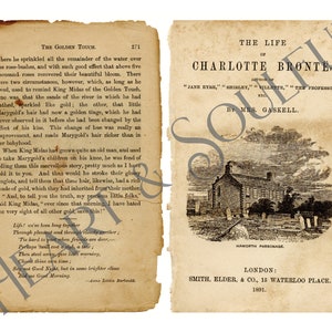K&ouml;nnte beinhalten: Eine Schwarzwei&szlig;illustration eines Hauses mit einem Satteldach und zwei Schornsteinen. Das Haus ist von B&auml;umen und einem Zaun umgeben. Der Text "Haworth Parsonage" ist unter der Illustration gedruckt. Der Text "The Life of Charlotte Bronte" ist &uuml;ber der Illustration gedruckt. Der Text "Autor von "Jane Eyre", "Shirley", "Villette", "The Professor", etc." ist unter dem Titel gedruckt. Der Text "Von Mrs. Gaskell" ist unter dem Namen des Autors gedruckt. Der Text "London: Smith, Elder, & Co., 15 Waterloo Place. 1861." ist unten auf der Seite gedruckt.