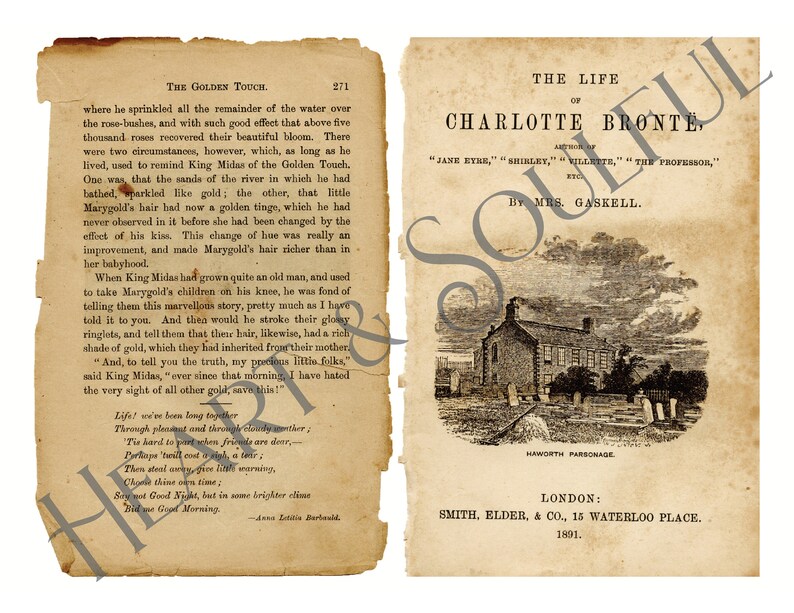 K&ouml;nnte beinhalten: Eine Schwarzwei&szlig;illustration eines Hauses mit einem Satteldach und zwei Schornsteinen. Das Haus ist von B&auml;umen und einem Zaun umgeben. Der Text "Haworth Parsonage" ist unter der Illustration gedruckt. Der Text "The Life of Charlotte Bronte" ist &uuml;ber der Illustration gedruckt. Der Text "Autor von "Jane Eyre", "Shirley", "Villette", "The Professor", etc." ist unter dem Titel gedruckt. Der Text "Von Mrs. Gaskell" ist unter dem Namen des Autors gedruckt. Der Text "London: Smith, Elder, & Co., 15 Waterloo Place. 1861." ist unten auf der Seite gedruckt.
