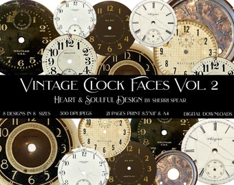 May include: Vintage clock faces in various styles and sizes, with Roman numeral markings and distressed edges. The clock faces are in shades of brown, black, and white, with gold accents. The text "Vintage Clock Faces Vol. 2" is displayed at the top of the image.