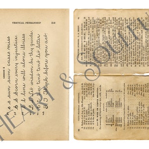 K&ouml;nnte beinhalten: Eine Seite aus einem alten Buch mit dem Text "Vertical Penmanship, Lesson 4" und handschriftlichem Text in Kursivschrift. Der Text lautet: "Sun sum cases miss, Scorn every injustice, I line will alone illness, Let wisdom be thy guide, Tin tint tent let letter, Think before you act."