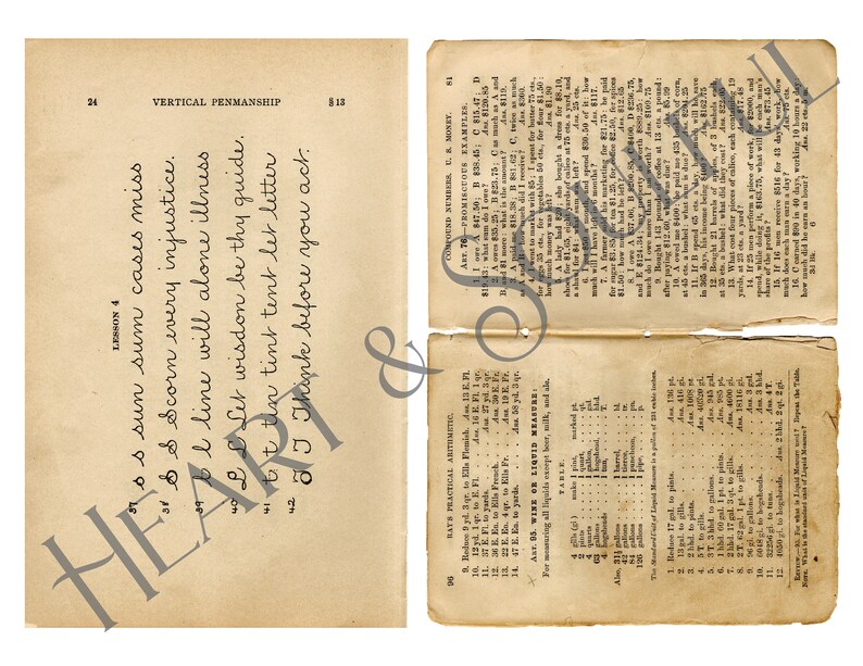K&ouml;nnte beinhalten: Eine Seite aus einem alten Buch mit dem Text "Vertical Penmanship, Lesson 4" und handschriftlichem Text in Kursivschrift. Der Text lautet: "Sun sum cases miss, Scorn every injustice, I line will alone illness, Let wisdom be thy guide, Tin tint tent let letter, Think before you act."
