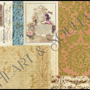 May include: A collage of vintage paper textures with a floral design, a decorative urn, and a handwritten script. The paper is in shades of brown, beige, and blue. The floral design is in shades of pink, purple, and green. The urn is white with gold accents. The script is in black ink.