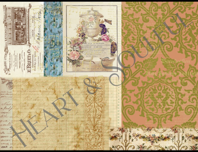 May include: A collage of vintage paper textures with a floral design, a decorative urn, and a handwritten script. The paper is in shades of brown, beige, and blue. The floral design is in shades of pink, purple, and green. The urn is white with gold accents. The script is in black ink.