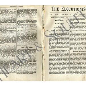 K&ouml;nnte beinhalten: Eine schwarz-wei&szlig;e Seite aus einer Publikation aus dem 19. Jahrhundert mit dem Titel "The Elocutionist." Der Text behandelt die Wissenschaft und Kunst der Elocution, einschlie&szlig;lich Atem&uuml;bungen und Stimmtechniken. Die Publikation stammt aus dem Juli 1881.