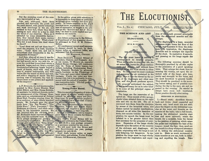 K&ouml;nnte beinhalten: Eine schwarz-wei&szlig;e Seite aus einer Publikation aus dem 19. Jahrhundert mit dem Titel "The Elocutionist." Der Text behandelt die Wissenschaft und Kunst der Elocution, einschlie&szlig;lich Atem&uuml;bungen und Stimmtechniken. Die Publikation stammt aus dem Juli 1881.