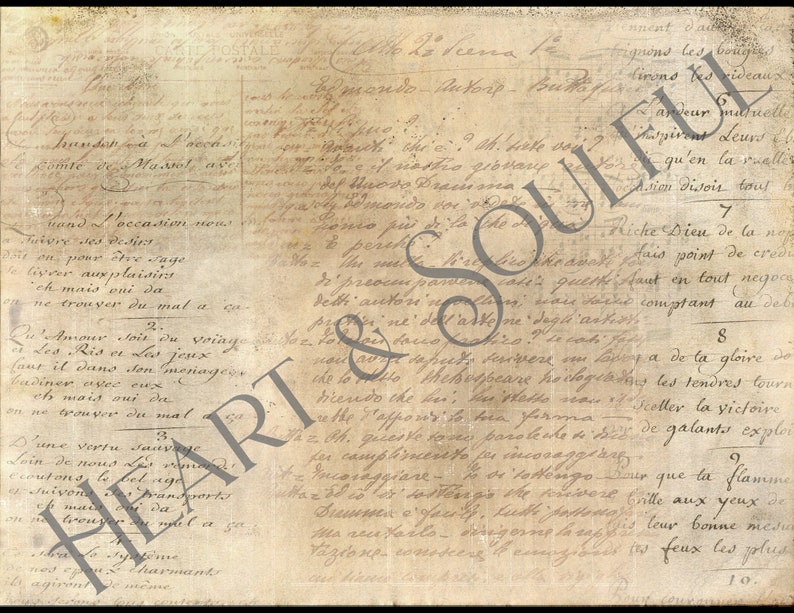 May include: A vintage, aged piece of paper with handwritten text in brown ink. The text is in French and appears to be a poem or a letter. The paper has a worn and faded appearance, giving it a rustic and antique feel.