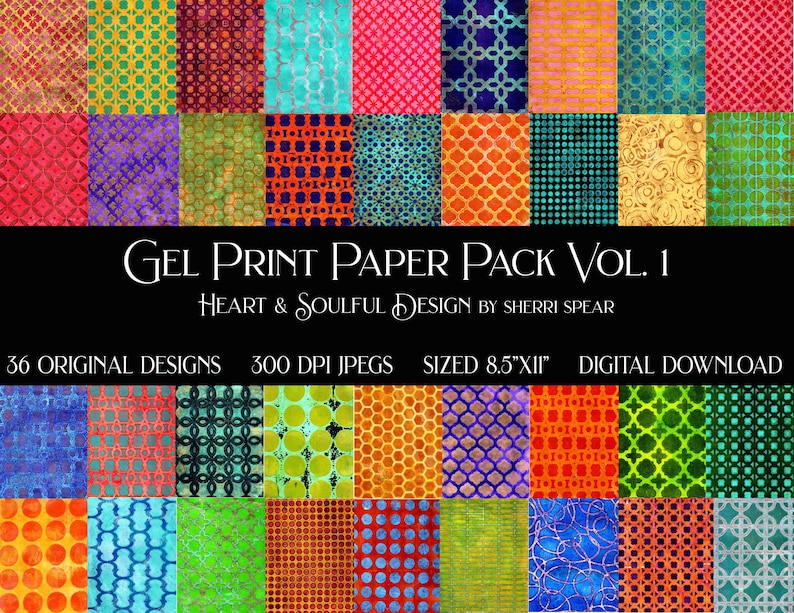 K&ouml;nnte beinhalten: Ein digitaler Download mit 36 originellen Gel-Print-Papierdesigns, die eine Vielzahl von farbenfrohen Mustern und Texturen zeigen. Der Text auf dem Bild lautet "Gel Print Paper Pack Vol. 1" und "Sized 21.59cm x 27.94cm".