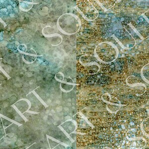 May include: Abstract art print with a green and blue watercolour background on the left and a textured, green, brown, and blue pattern on the right.