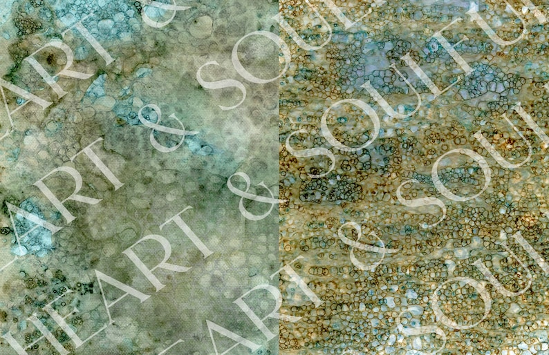 May include: Abstract art print with a green and blue watercolour background on the left and a textured, green, brown, and blue pattern on the right.