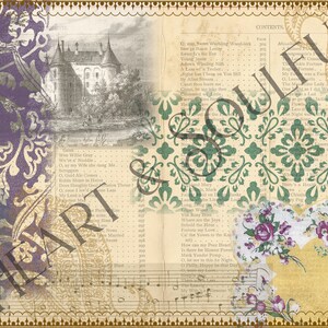Peut inclure: Un collage d'images et de textes vintage, avec une illustration en noir et blanc d'un ch&acirc;teau, un motif floral et des notes de musique. Le texte comprend les mots "Heart & Soulful" et des paroles de chansons.