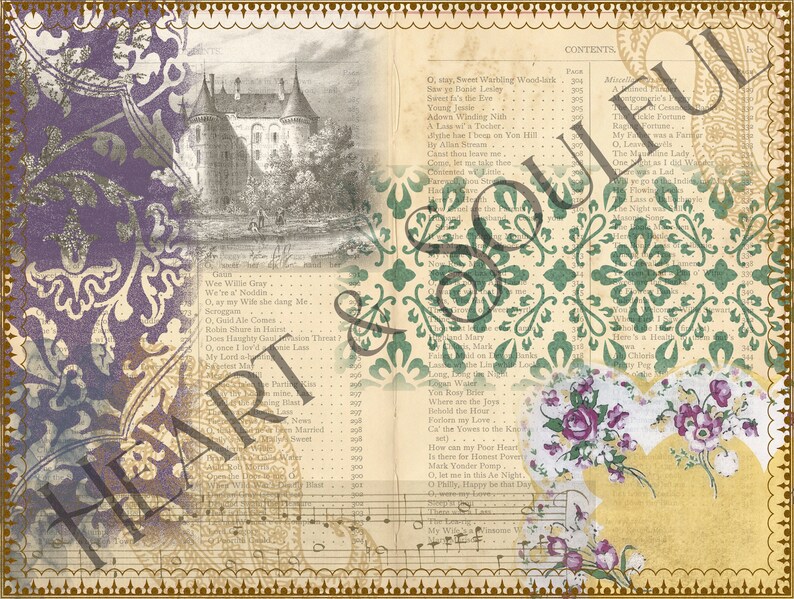 Peut inclure: Un collage d'images et de textes vintage, avec une illustration en noir et blanc d'un ch&acirc;teau, un motif floral et des notes de musique. Le texte comprend les mots "Heart & Soulful" et des paroles de chansons.