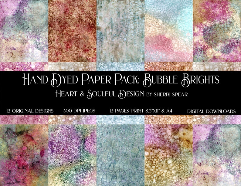May include: A digital download pack of 13 hand-dyed paper designs featuring a bubble pattern in various shades of pink, blue, green, and brown. The papers are 300 DPI and print at 8.5" x 11" and A4.