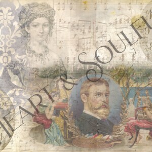 Peut inclure: Un collage vintage sur fond d&eacute;lav&eacute; avec une femme portant une couronne, un cadran d'horloge, des notes de musique et les mots "Heart & Soulful".