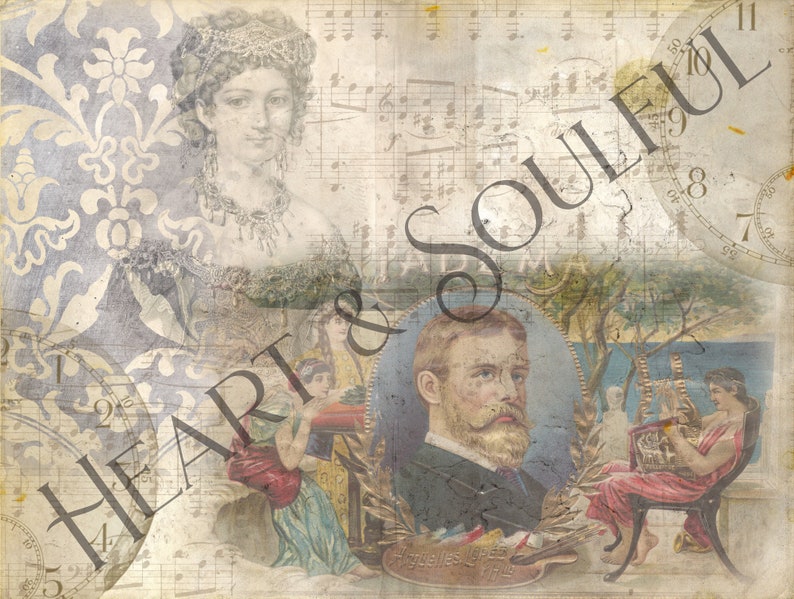 Peut inclure: Un collage vintage sur fond d&eacute;lav&eacute; avec une femme portant une couronne, un cadran d'horloge, des notes de musique et les mots "Heart & Soulful".