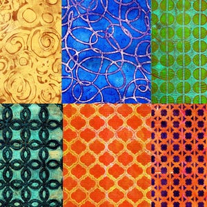 K&ouml;nnte beinhalten: Eine Collage aus sechs abstrakten Mustern. Die Muster umfassen Wirbel, miteinander verbundene Linien, Halbkreise und geometrische Formen. Die Farben reichen von Gold und Blau bis Gr&uuml;n, Orange und Lila und erzeugen eine lebendige und strukturierte Optik.