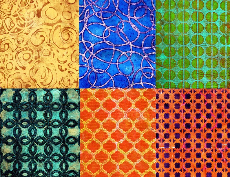 K&ouml;nnte beinhalten: Eine Collage aus sechs abstrakten Mustern. Die Muster umfassen Wirbel, miteinander verbundene Linien, Halbkreise und geometrische Formen. Die Farben reichen von Gold und Blau bis Gr&uuml;n, Orange und Lila und erzeugen eine lebendige und strukturierte Optik.