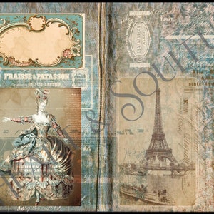 May include: A vintage-style collage featuring a woman in a blue and white dress, a decorative frame with a blank space, and a view of the Eiffel Tower in Paris. The background is a textured, aged paper with handwritten text and decorative elements.