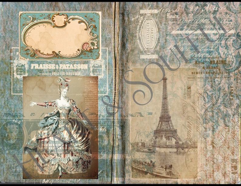 May include: A vintage-style collage featuring a woman in a blue and white dress, a decorative frame with a blank space, and a view of the Eiffel Tower in Paris. The background is a textured, aged paper with handwritten text and decorative elements.