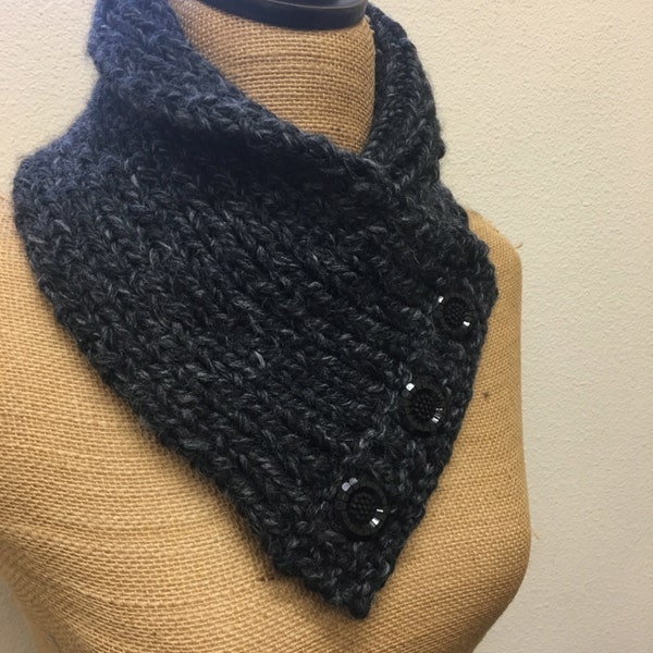 Hand Knitted Rolled Collar Cowl in Charcoal with Black Buttons Item# KC101601