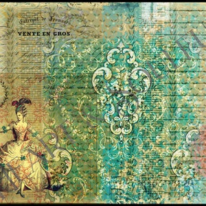 May include: A vintage-style digital paper background with a teal, green, and gold floral pattern. The background includes a woman in a yellow dress and a crown, and the text "Entrepot de Fromages, VENTE EN GROS".
