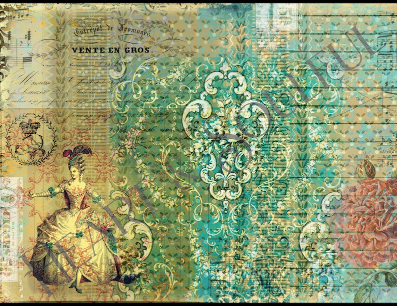 May include: A vintage-style digital paper background with a teal, green, and gold floral pattern. The background includes a woman in a yellow dress and a crown, and the text "Entrepot de Fromages, VENTE EN GROS".