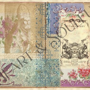 Peut inclure: Une couverture de livre vintage avec un collage d'images, dont un portrait d'une personne portant un chapeau, des motifs floraux et une page de titre qui lit "The Autobiography of".