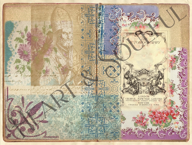 Peut inclure: Une couverture de livre vintage avec un collage d'images, dont un portrait d'une personne portant un chapeau, des motifs floraux et une page de titre qui lit "The Autobiography of".