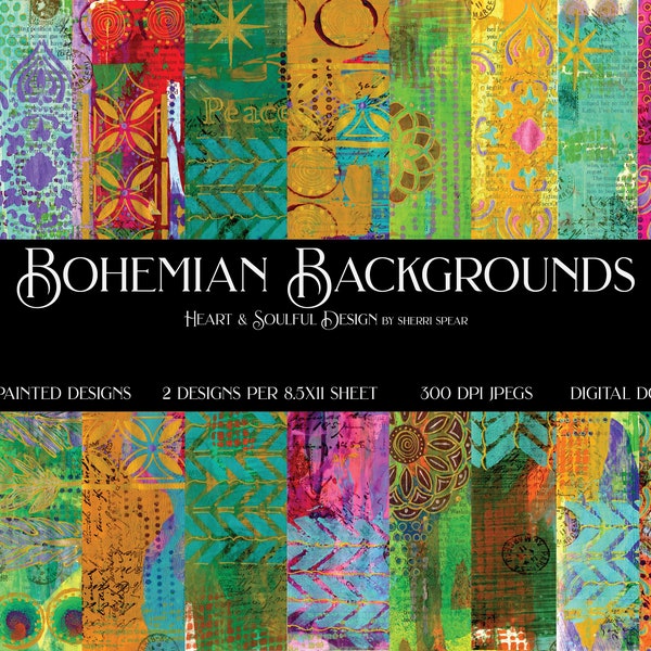 BOHEMIAN BACKGROUNDS/Digital Downloads/9 Hand Painted Background Papers/Journal Papers