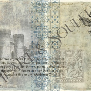 Peut inclure: Une image de style vintage avec un fond d&eacute;lav&eacute; et une illustration de ch&acirc;teau. L'image pr&eacute;sente &eacute;galement une bordure d&eacute;corative avec des motifs bleus et blancs, un timbre avec le portrait d'une femme et le mot "SOUL" &eacute;crit en cursive.