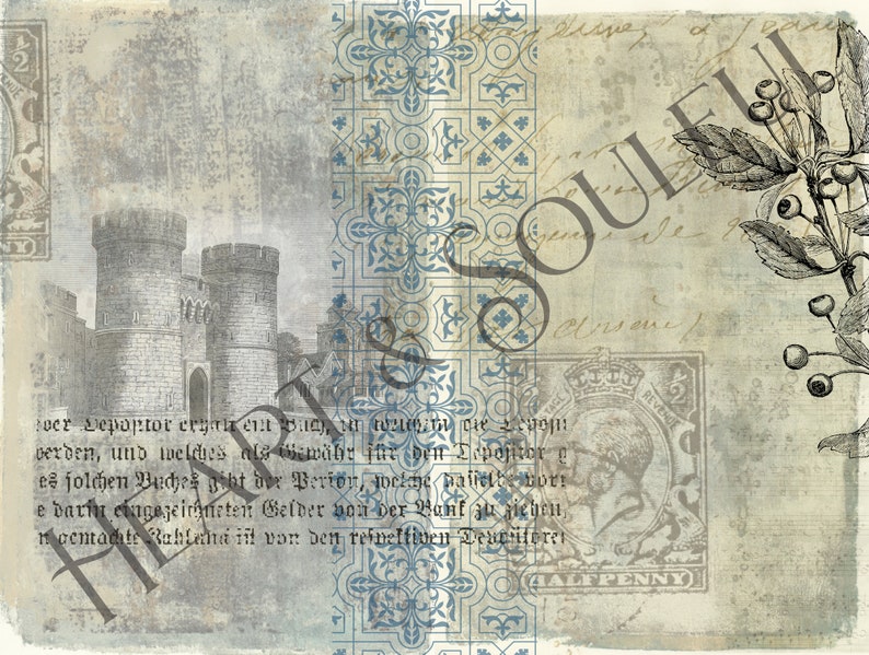 Peut inclure: Une image de style vintage avec un fond d&eacute;lav&eacute; et une illustration de ch&acirc;teau. L'image pr&eacute;sente &eacute;galement une bordure d&eacute;corative avec des motifs bleus et blancs, un timbre avec le portrait d'une femme et le mot "SOUL" &eacute;crit en cursive.