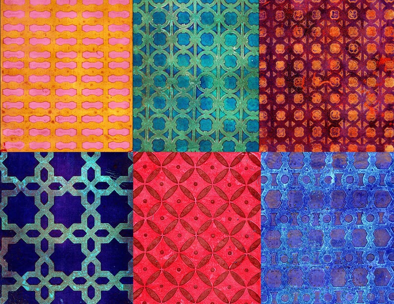 K&ouml;nnte beinhalten: Eine Collage aus sechs quadratischen Mustern in verschiedenen Farben. Die Muster umfassen sich wiederholende geometrische Formen in Gelb-, Rosa-, T&uuml;rkis-, Lila-, Rot- und Blaut&ouml;nen. Die Texturen wirken gealtert, mit einer Vintage-&Auml;sthetik.