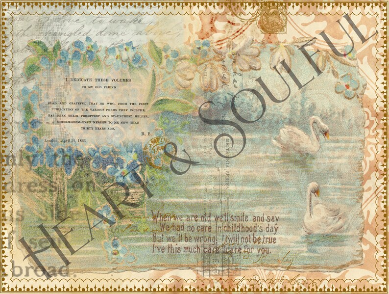 Peut inclure: Une carte postale vintage avec un motif floral bleu et vert. La carte postale pr&eacute;sente un po&egrave;me sur l'enfance et une peinture &agrave; l'aquarelle de deux cygnes blancs sur un lac. Le texte sur la carte postale se lit comme suit : "Quand nous serons vieux, nous sourirons et dirons Nous n'avions aucun souci dans notre enfance Mais nous aurons tort, ce ne sera pas vrai J'ai ce soin que j'ose avoir pour toi."