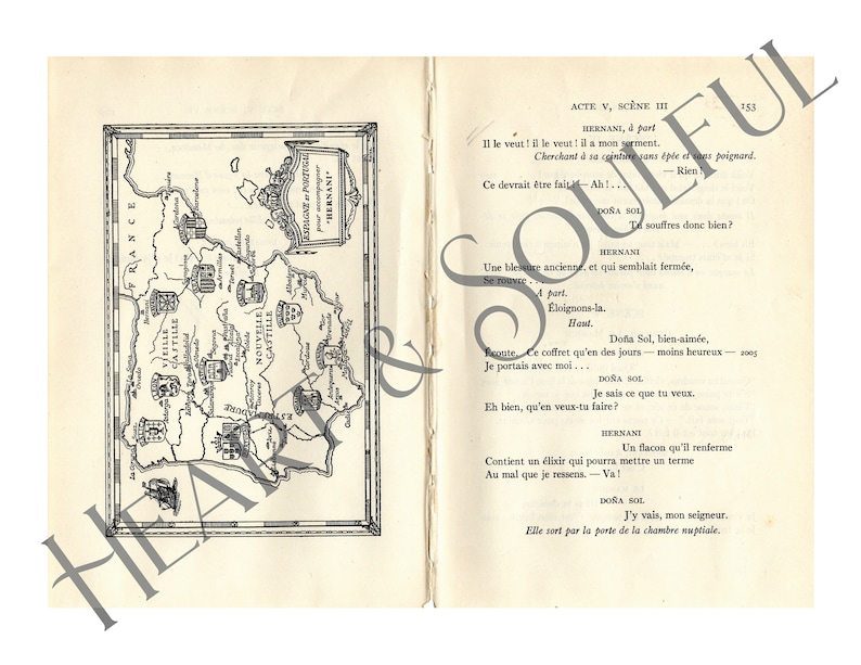 K&ouml;nnte beinhalten: Eine Schwarzwei&szlig;illustration einer Karte von Spanien, die die verschiedenen Regionen und St&auml;dte zeigt. Die Karte ist von einem schwarzen Rahmen umgeben und enth&auml;lt den Text "Espagne et Portugal" und "Hernani".