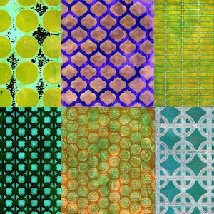 K&ouml;nnte beinhalten: Eine Collage aus sechs strukturierten abstrakten Mustern. Die Muster umfassen gro&szlig;e gelbe Kreise, ein lila-goldenes Vierpass-Design, ein gr&uuml;nes Ziegelmuster, ein t&uuml;rkisfarbenes geometrisches Design, ein gr&uuml;nes gepunktetes Muster und ein t&uuml;rkisfarbenes und silbernes kreisf&ouml;rmiges Muster.