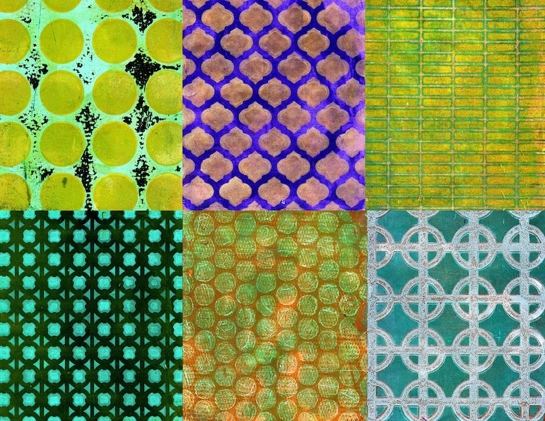 K&ouml;nnte beinhalten: Eine Collage aus sechs strukturierten abstrakten Mustern. Die Muster umfassen gro&szlig;e gelbe Kreise, ein lila-goldenes Vierpass-Design, ein gr&uuml;nes Ziegelmuster, ein t&uuml;rkisfarbenes geometrisches Design, ein gr&uuml;nes gepunktetes Muster und ein t&uuml;rkisfarbenes und silbernes kreisf&ouml;rmiges Muster.