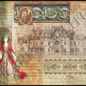 May include: A vintage-style collage featuring a woman in a red and pink gown, a portrait of a man in a brown robe, a sketch of a large house, and ornate decorative elements. The background is a textured paper with handwritten text.