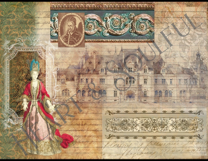 May include: A vintage-style collage featuring a woman in a red and pink gown, a portrait of a man in a brown robe, a sketch of a large house, and ornate decorative elements. The background is a textured paper with handwritten text.